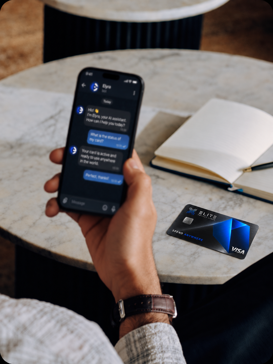 Elite Exchange support chat on a phone next to an Elite Privacy Card